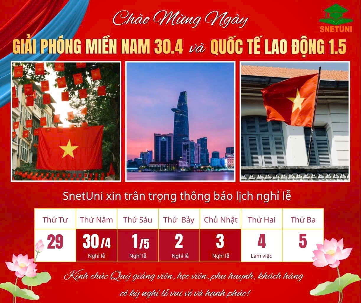 SNETUNI TH&Ocirc;NG B&Aacute;O LỊCH NGHỈ ĐẠI LỄ 30/4 &ndash; 1/5/2026