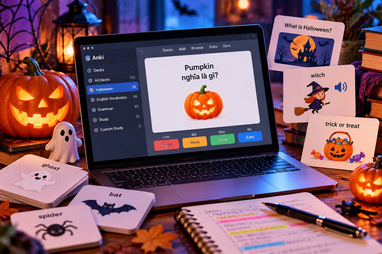 Giao diện ứng dụng Anki phiên bản Halloween với các bộ thẻ flashcard từ vựng độc đáo