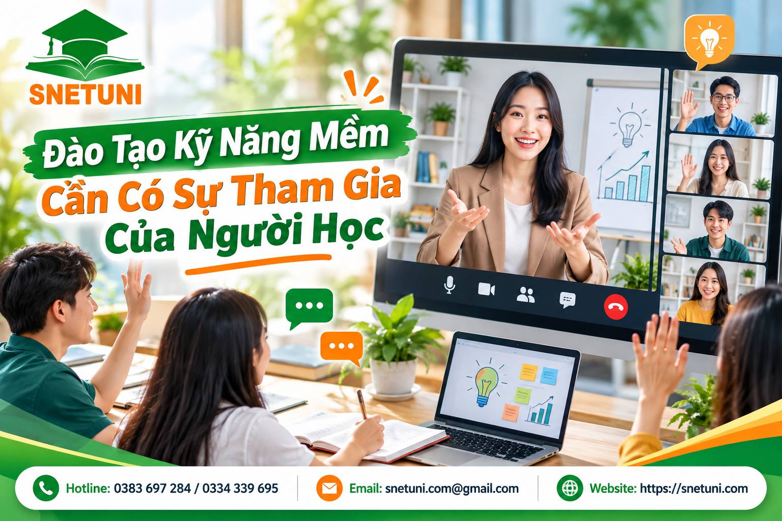 Giao diện lớp học dạy kỹ năng mềm trực tuyến sinh động trên nền tảng SNETUNI MEET.