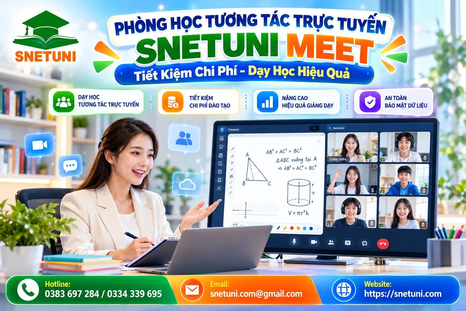 Giao diện của phòng học tương tác trực tuyến SNETUNI MEET tối ưu chi phí hỗ trợ giảng dạy online hiệu quả 
