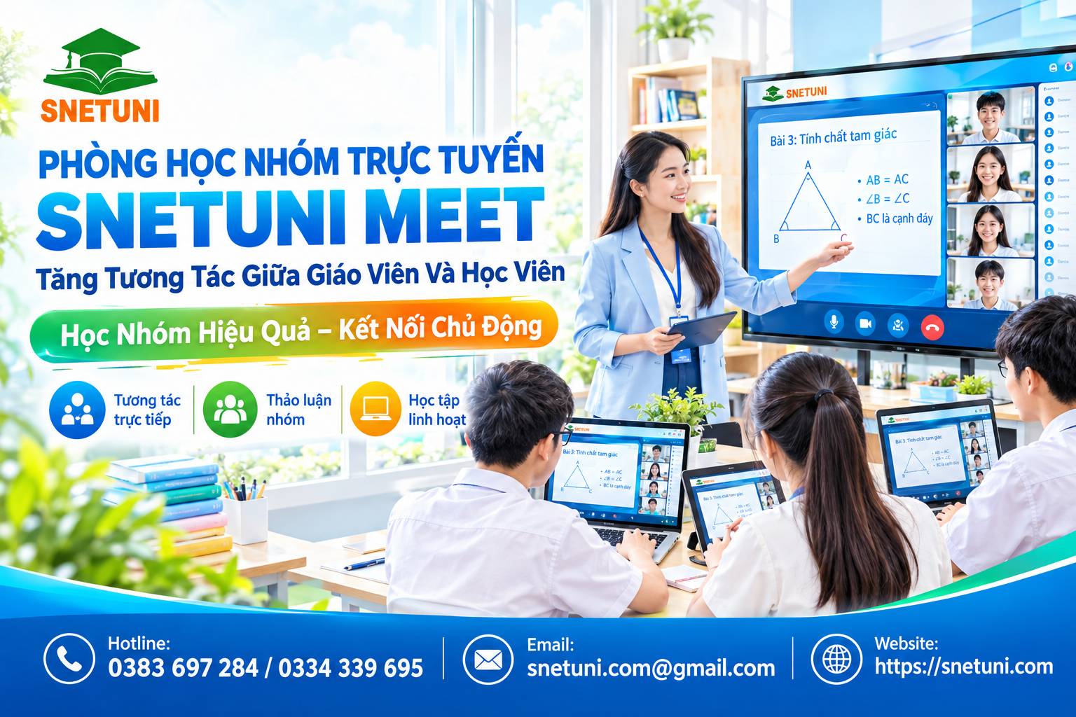 Phòng học tương tác trực tuyến SNETUNI MEET là một giải pháp giáo dục số đột phá của SNETTECH, mang đến không gian dạy và học online vô cùng trực quan