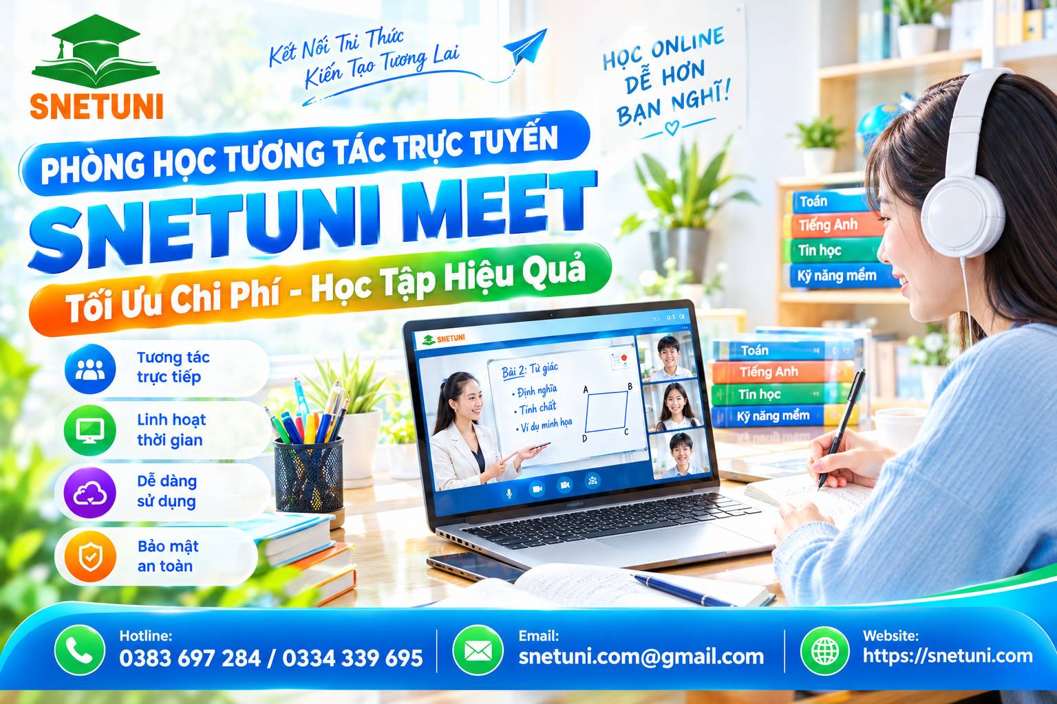 Với việc tích hợp các công cụ thông minh như bảng trắng, chia sẻ màn hình và trắc nghiệm tự động, hệ thống tối ưu hóa tối đa khả năng tương tác hai chiều